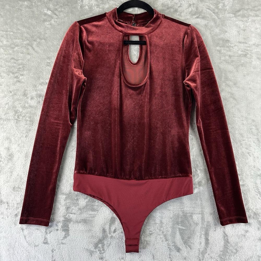 Shinestar Top Women's M Burgundy Red Velvet High Neck Keyhole Bodysuit